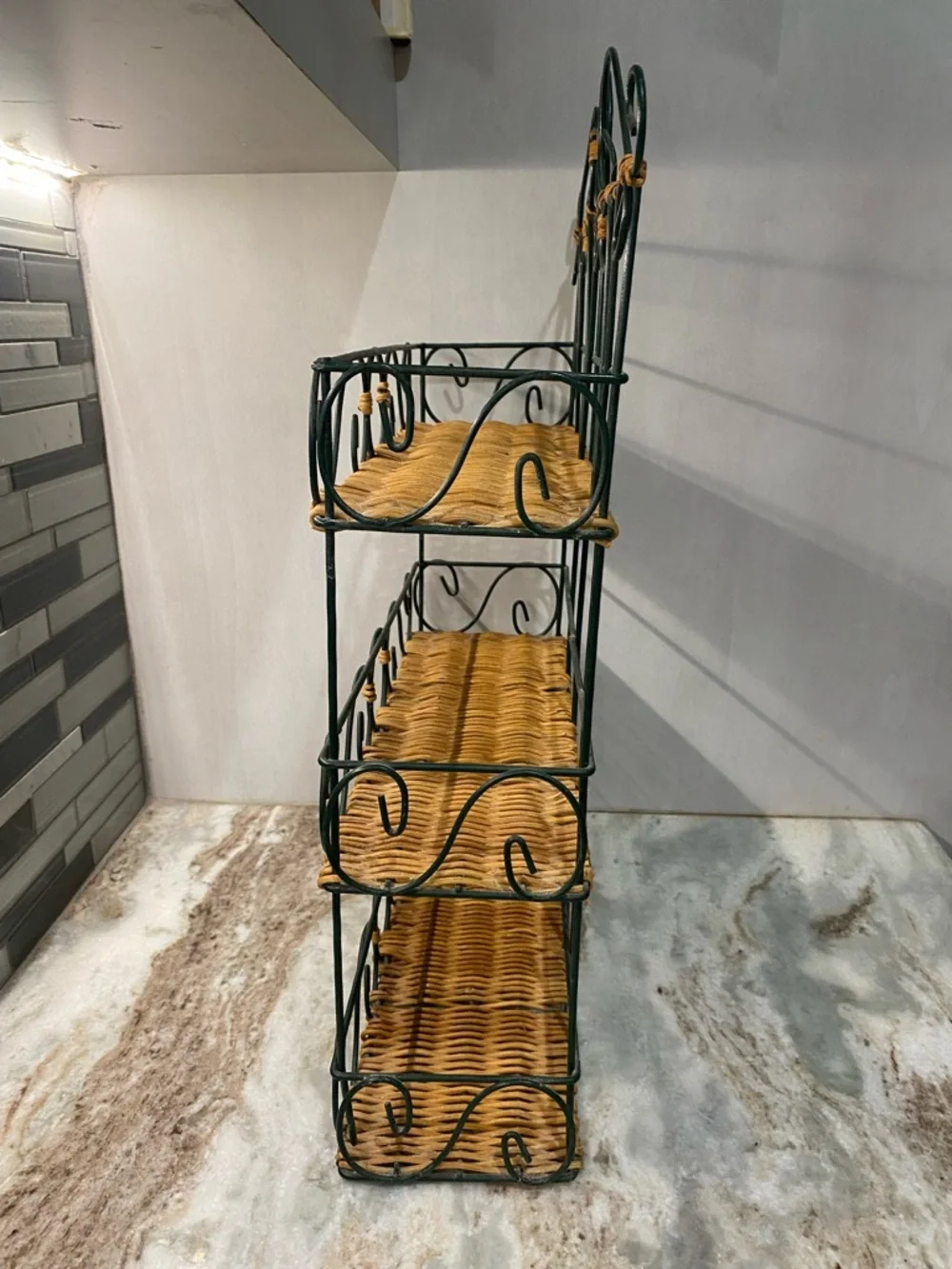 Vtg 3-Tier Metal Wicker Wall Shelf Boho Spice Rack